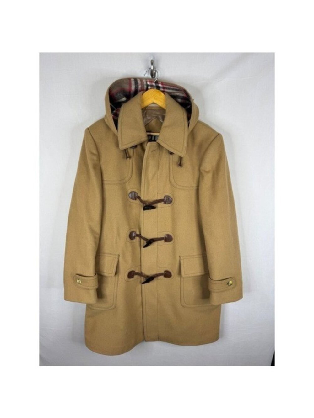 Vintage Utex Camel Wool Blend Hooded Duffle Coat Plaid Lined Tan Size 42
